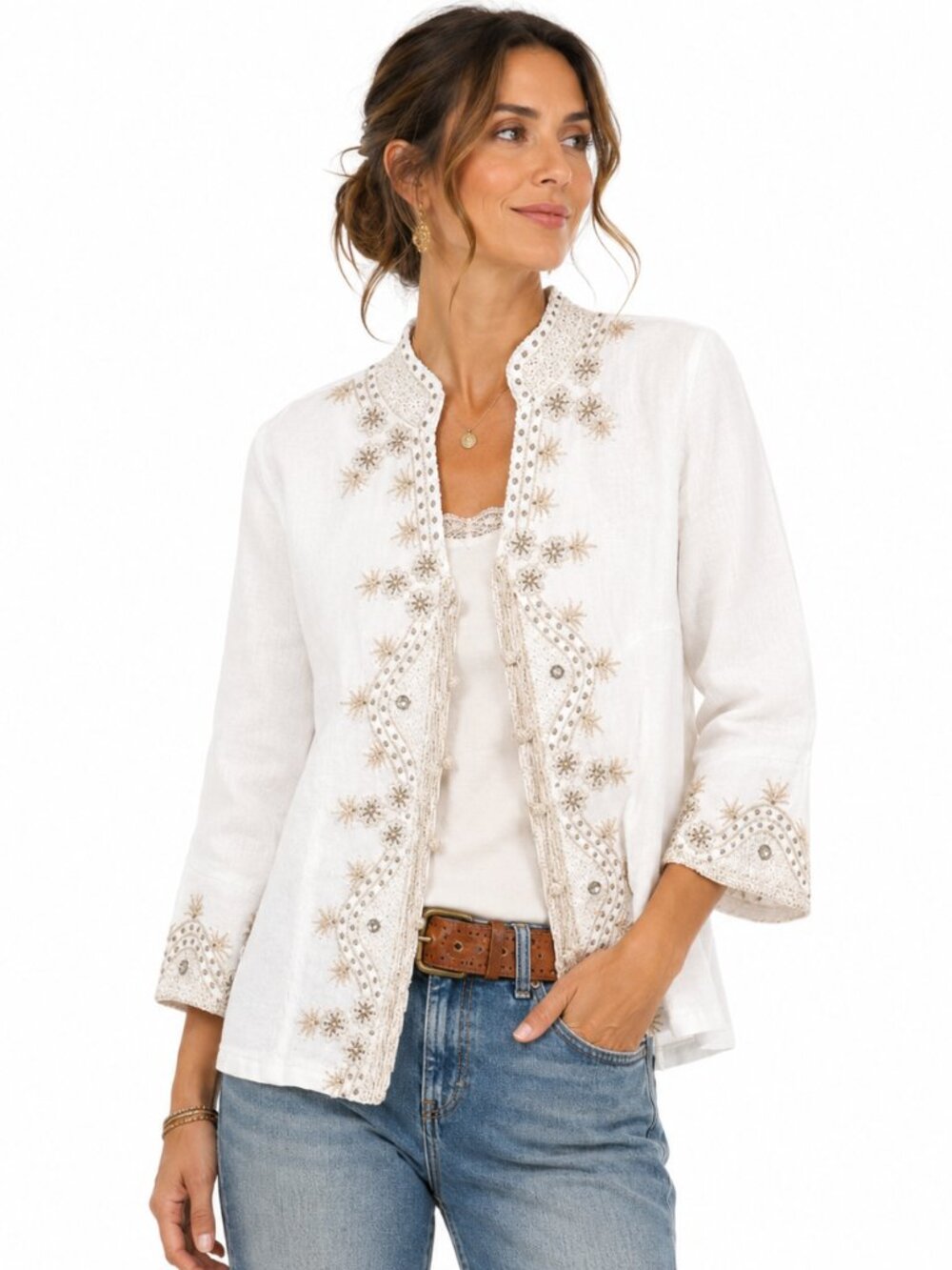Carole Little Linen Jacket Women's S NWT Beaded Embroidered Boho‎ Artwear Floral